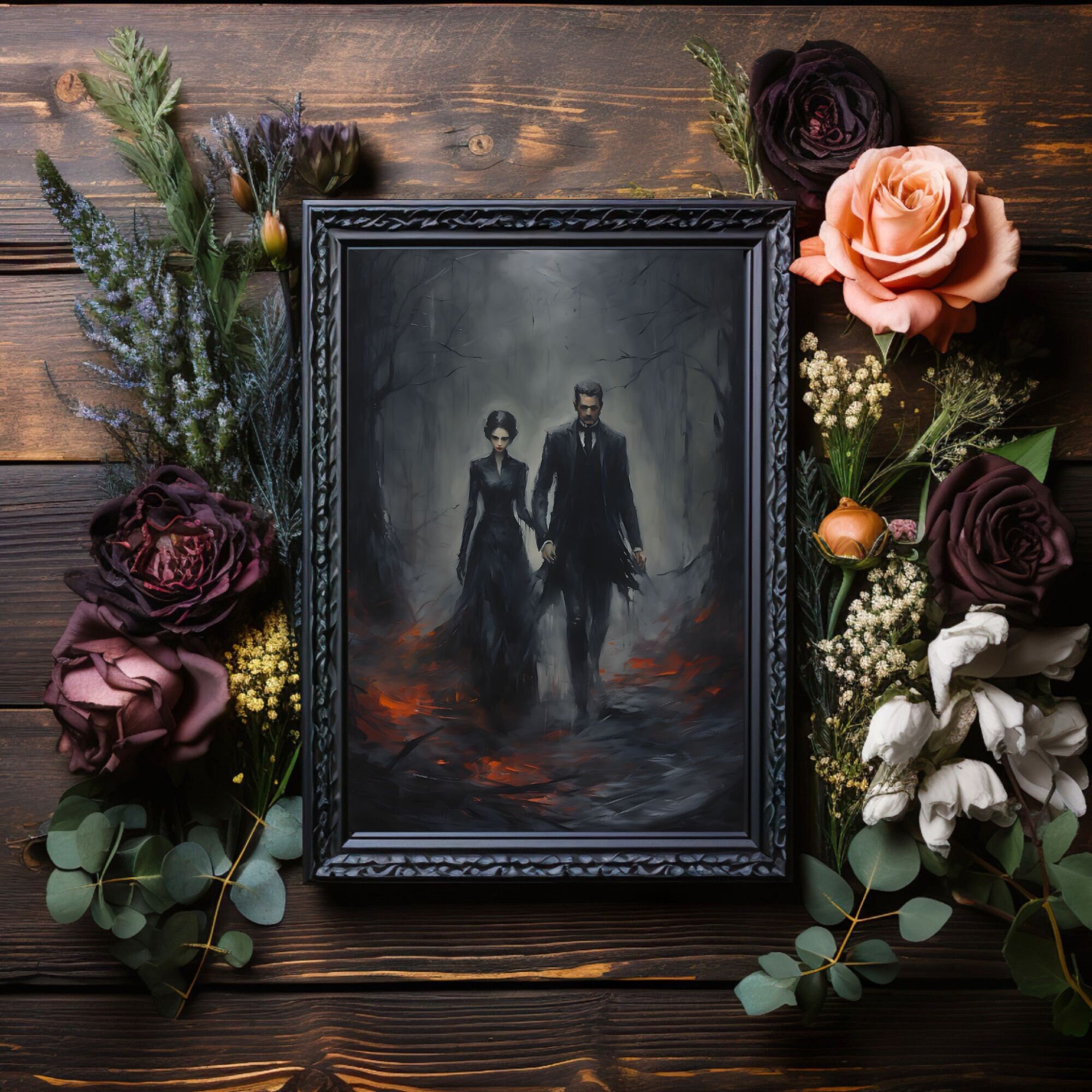 Vampires in Forest Art Print, Digital Download, Painting, Dark Forest Mystique, Forestcore, Goth, Paranormal