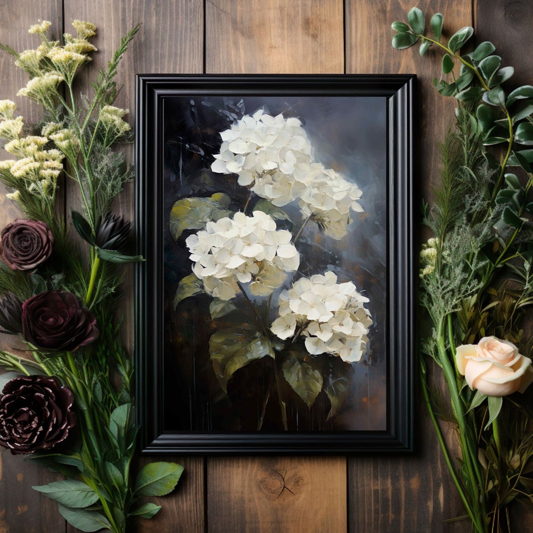 White Hydrangea No.1 Art Print, Wall Decor, Dark Moody Oil Painting ...