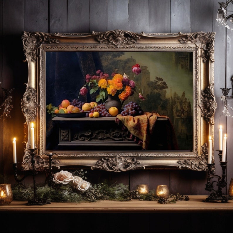 Vintage Fruit Still Life Wall Art No.3, Country Kitchen Painting, Dark ...