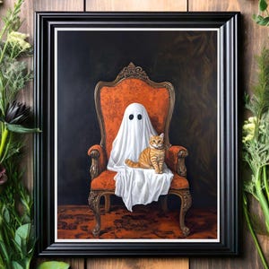 Impresión artística n.º 1 de fantasma con gato atigrado naranja, estilo de pintura al óleo, cottagecore, decoración de pared, academia oscura, humor melancólico