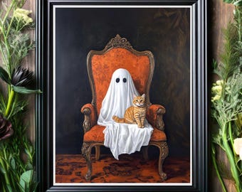 Ghost with Orange Tabby Cat Art Print No.1, Digital Download, Dark Forest Wall Decor, Forestcore