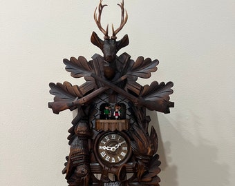 Working - After The Hunt A. Schneider Söhne Cuckoo Clock With Music Box & Dancers. Black Forest German Made. Brown Colored Wood!