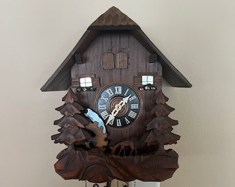 Working - A. Schneider Söhne Cuckoo Clock With Music Box & Turning Water Wheel. Black Forest German Made. Walnut colored Wood!