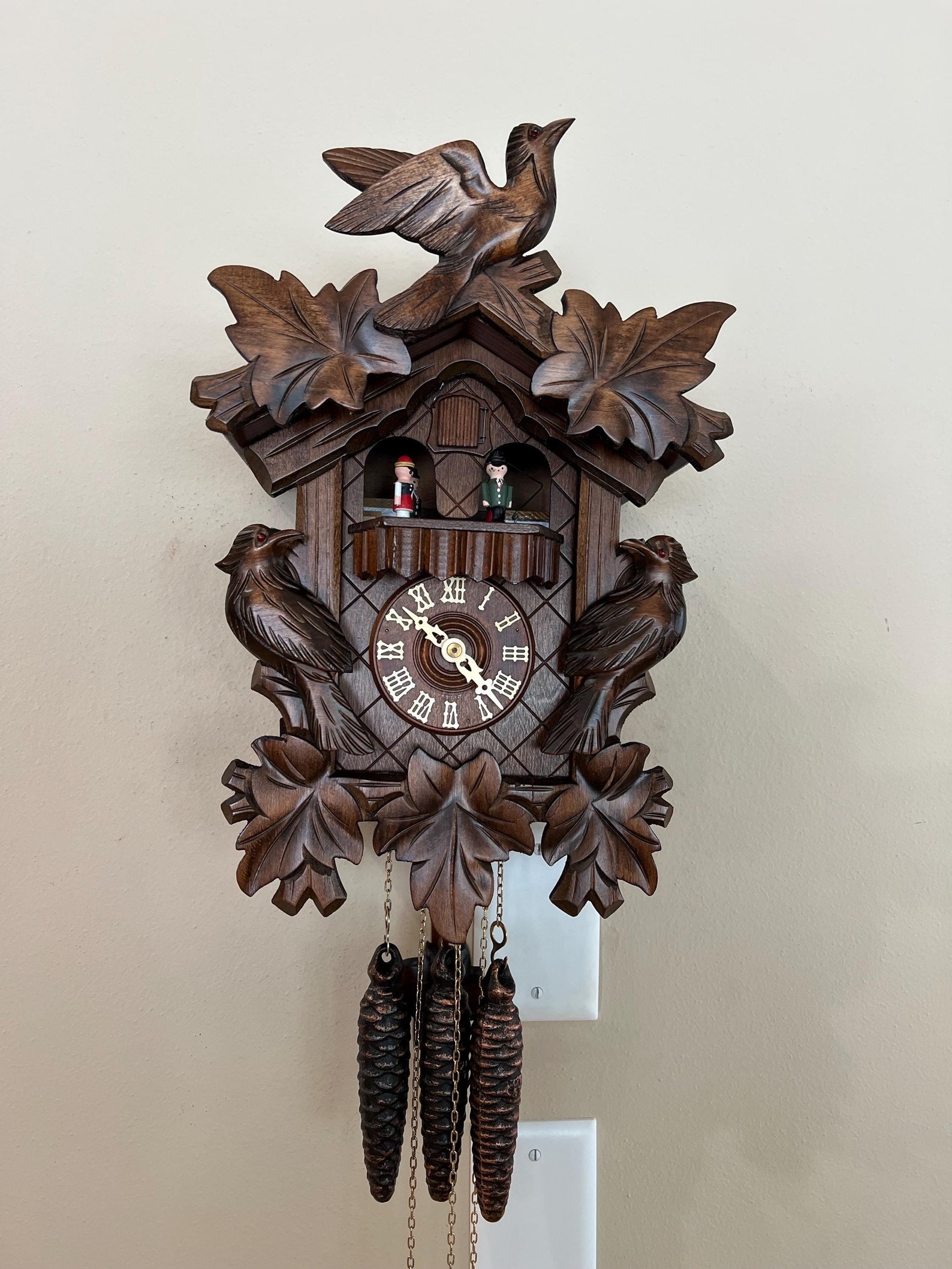 Working - 1-Day - Bird And Leaf Cuckoo Clock With Music Box & Dancers. Black Forest German Made. Walnut Colored Wood!