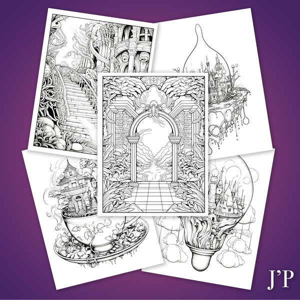 Psychedelic Realms: Whimsical Wonders Downloadable Coloring Page Bundle