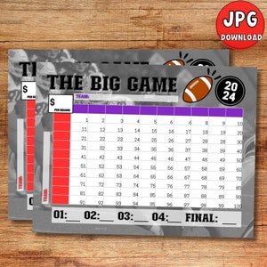 May include: Two football-themed game sheets with a grayscale background of players. The sheets have a grid with numbers, the text "THE BIG GAME", and a football graphic. Includes the text "2024" and "JPG DOWNLOAD".