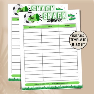 Soccer Snack Sign Up | Soccer Snack Sheet | Game Day Snack Template | Snack Sign Up Sheet | Snack Calendar | Soccer Sign up