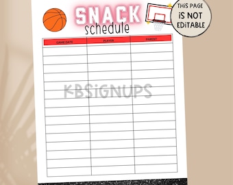 Basketball Snack Sign Up | basketball Snack Sheet | Game Day Snack Template | Snack Sign Up Sheet | Snack Calendar | Basketball Sign up