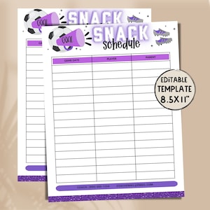 Editable PURPLE Soccer Snack Sign Up | Game Day Snack Template | Printable Soccer Snack Sign Up Sheet | Coach Printable | Soccer Schedule