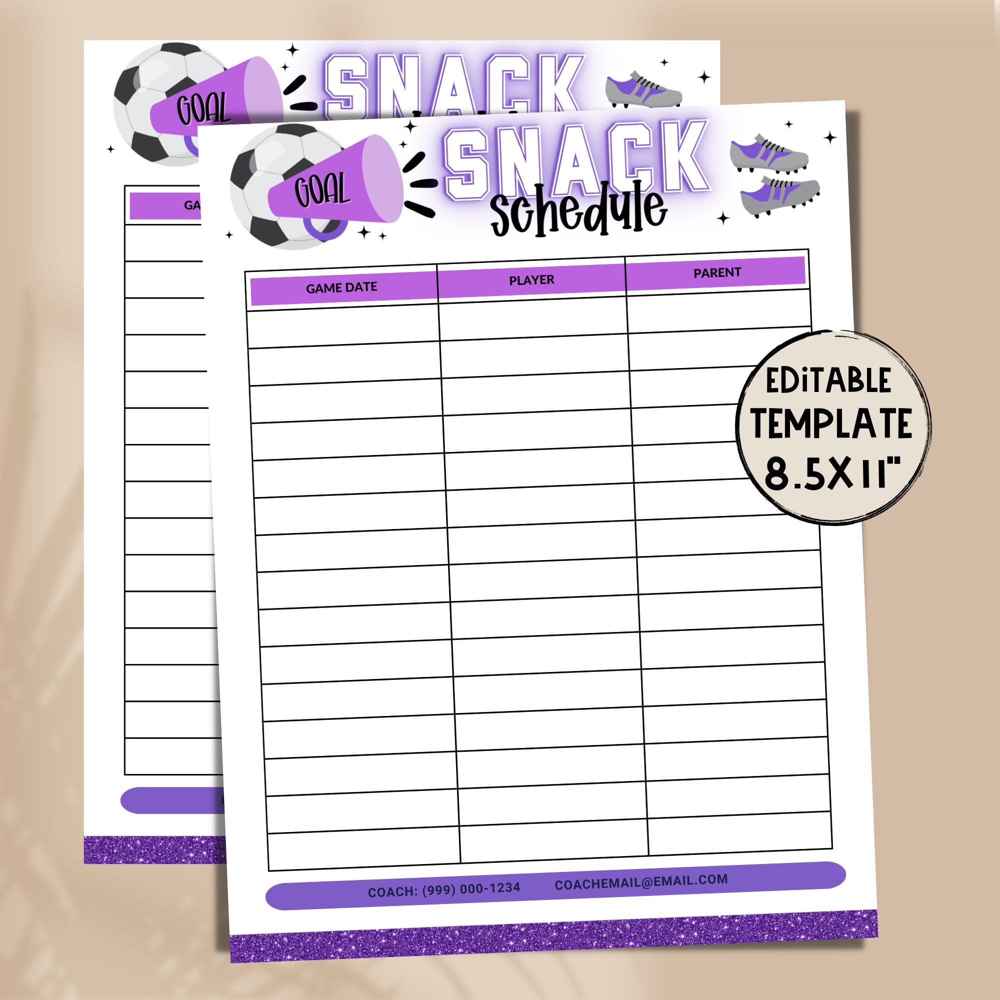 Editable PURPLE Soccer Snack Sign up | Game Day Snack Template ...