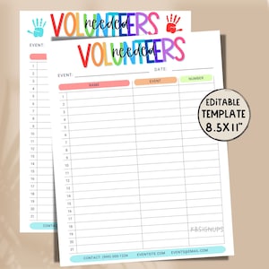 Volunteer Editable Sign-Up Sheet Template - Printable sign up. Volunteer sign up flyer. Instant Download Party sign up list.