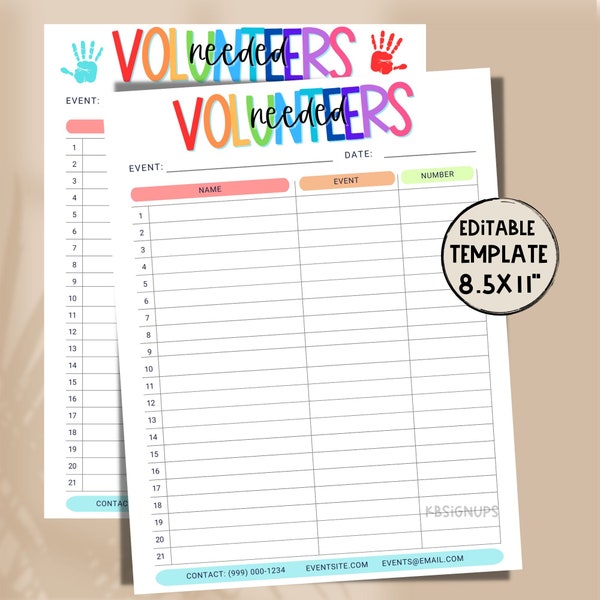 Volunteer Editable Sign-Up Sheet Template - Printable sign up. Volunteer sign up flyer. Instant Download Party sign up list.