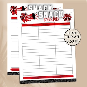 Cheer Snack Sign Up | Black and Red Editable Cheerleader Snack Sign Up | Game Day Snack Template | Snack Sign Up Sheet | Snack Calendar