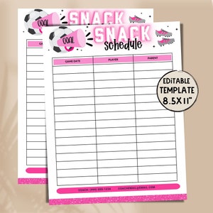 Editable PINK Soccer Snack Sign Up | Game Day Snack Template | Printable Soccer Snack Sign Up Sheet | Coach Printable | Soccer Schedule