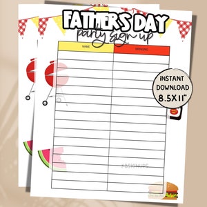 May include: Printable Father's Day party sign-up sheet with red and yellow accents. The sheet has columns for "Name" and "Bringing". The sheet also includes a red and white checkered pattern, a watermelon, a grill, and a hamburger.