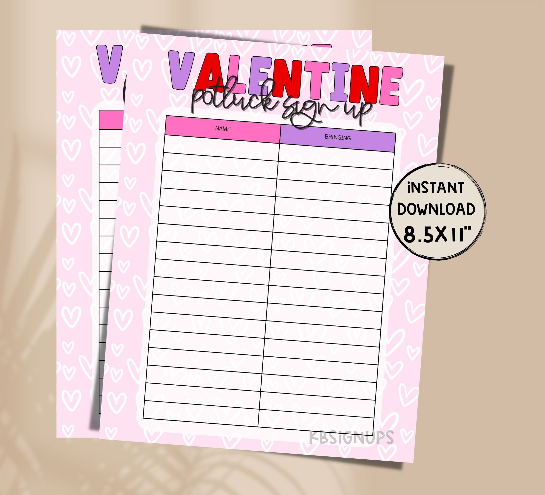 Valentines Day POTLUCK Sign-up Sheet Valentine Class Party Volunteer ...