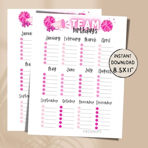 Cheer Team Birthday Tracker Printable Template | Birthday Planner Printable | Birthday Reminder | Cheer Coach Printable | Cheer mom