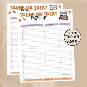 Trunk or Treat Editable Sign-Up Sheet Template -  Volunteer sign up flyer. Instant Download Party sign up list. Church Event