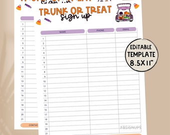 Op de afbeelding: Printbare Trunk or Treat-aanmeldingsformulier met een cartoonauto vol snoep. Het formulier heeft kolommen voor naam, telefoonnummer en e-mailadres. Het aanmeldingsformulier is 8,5 inch bij 11 inch.