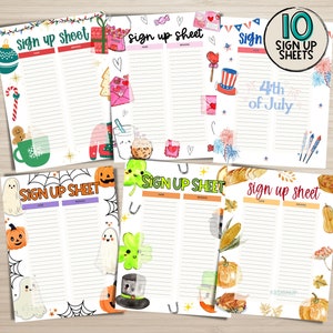 Puede incluir: Diez hojas de registro imprimibles con varios temas festivos. Las hojas presentan ilustraciones de Navidad, San Valentín, 4 de julio, Halloween, San Patricio y Acción de Gracias.