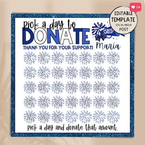 Social Media Cheer Pick A Date to Donate | Cheerleading Fundraiser | Pay for your day calendar | Cheer Fundraiser