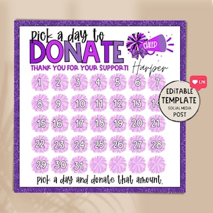 Cheerleading Pick A Date to Donate | Cheer Fundraiser | Pay for your day calendar | Sponsor my Season Fundraiser | Cheer Fundraiser