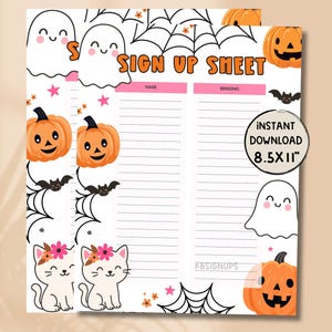 Könnte beinhalten: Ein Halloween-Anmeldeformular mit orangefarbenen Kürbissen, Fledermäusen, Geistern und Katzen. Die Worte "SIGN UP SHEET" sind orange. Das Blatt ist 21,6 x 27,9 cm groß und zum sofortigen Download verfügbar.