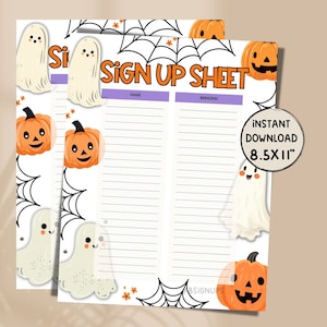 May include: Printable Halloween sign up sheet with a white background and black spiderwebs. The sheet has two columns labeled "Name" and "Bringing". The sheet is decorated with orange pumpkins and white ghosts.
