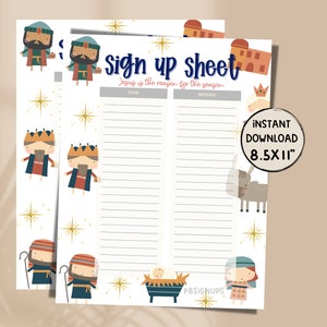 May include: Printable sign up sheet with a Christmas theme. The sheet has a white background with gold stars and illustrations of the three wise men, a donkey, a manger with baby Jesus, and a woman holding a baby. The text on the sheet reads "Sign up sheet" and "Jesus is the reason for the season". There are two columns for names and what they are bringing.