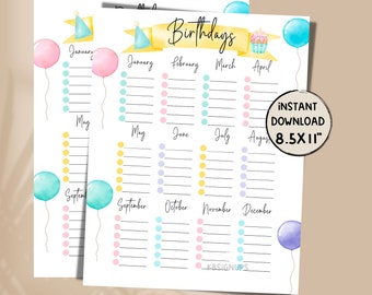 Birthday Tracker Printable Template | Birthday Planner Printable | Digital Birthday tracker | Birthday Reminder | Birthday organizer