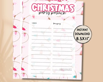 May include: Printable Christmas party potluck sign-up sheet with a pink and white background featuring a repeating pattern of pink and blue Christmas lights. The sign-up sheet has two columns labeled "name" and "bringing". The text "INSTANT DOWNLOAD 8.5x11" is in a gray circle in the upper right corner.