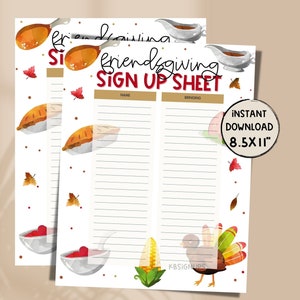 May include: Printable sign-up sheet for a Friendsgiving potluck. The sheet has a white background with a red and brown watercolor design of fall leaves, a turkey, corn, and a gravy boat. The text "Friendsgiving Sign Up Sheet" is in black and red lettering. The sheet is 8.5 x 11 inches.