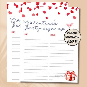 May include: Printable Galentine's party sign up sheet with a red heart confetti background. The sheet has three columns labeled "Name", "Name", and "Bringing". The text "Ga pa Galentine's party sign up" is written in cursive at the top of the sheet. The text "INSTANT DOWNLOAD 8.5X11" is in a circle at the bottom right corner of the sheet.