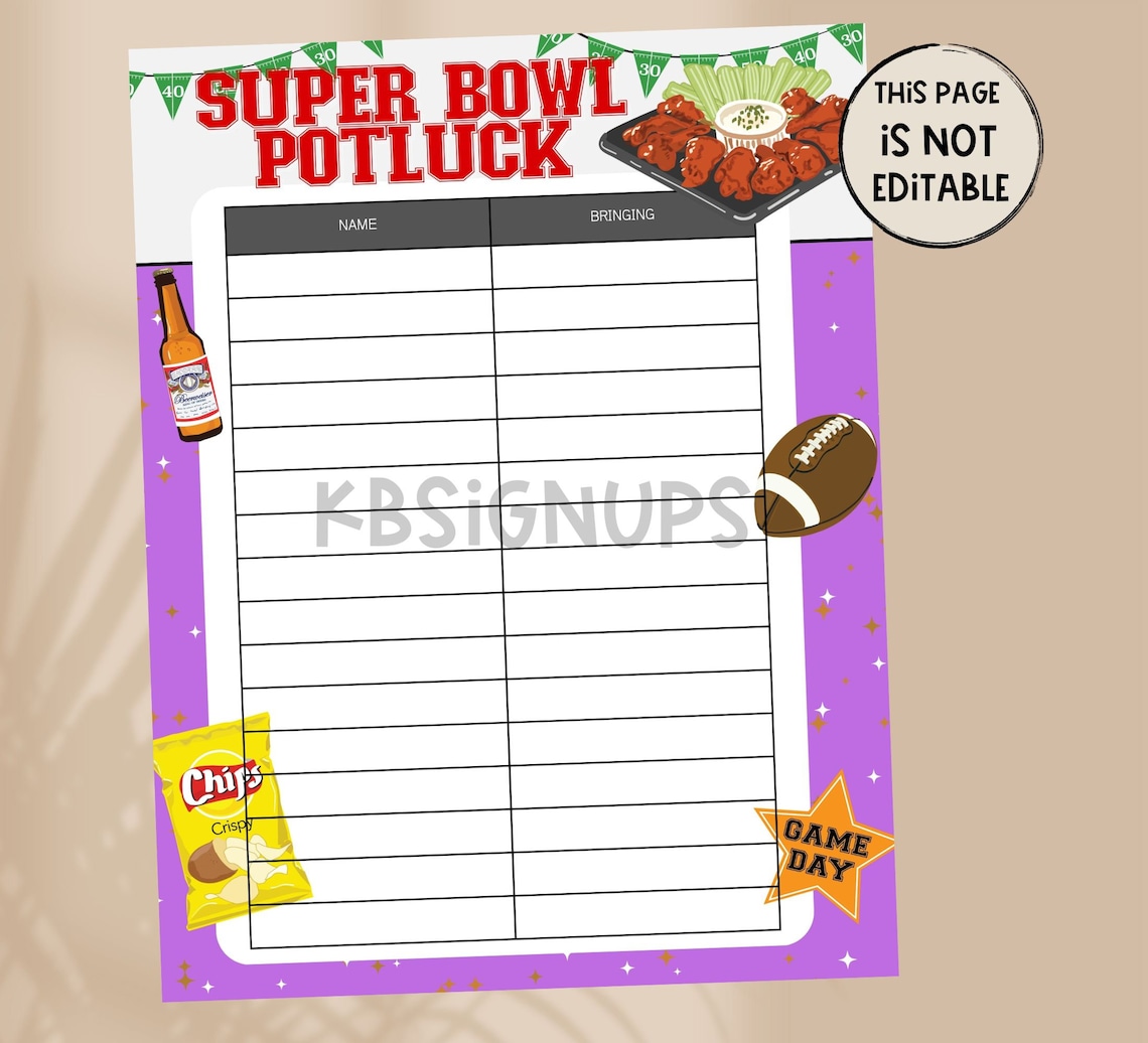 Football POTLUCK Sign-up Sheet - Football Class Party| Instant Download ...