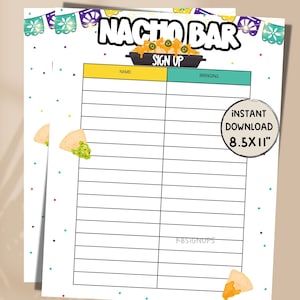 Puede incluir: Una hoja de inscripción imprimible para la barra de nachos con un diseño festivo. La parte superior presenta las palabras "Nacho Bar" y un gráfico de nachos. Incluye secciones para el nombre y lo que se va a traer. Descarga instantánea, 21,59 x 27,94 cm.