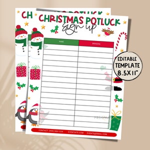 May include: Printable Christmas potluck sign-up sheet with a festive design featuring snowmen, penguins, presents, holly, and candy canes. The sheet is 8.5 x 11 inches and includes spaces for names and what each person is bringing.