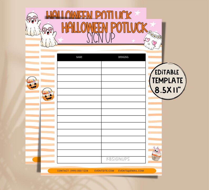 Halloween POTLUCK Editable Signup Sheet Template Groovy Ghost Spooky