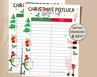 Könnte beinhalten: Druckbare Weihnachts-Potluck-Anmeldeliste mit einem festlichen Design mit Pinguinen, Weihnachtsbäumen, Geschenken und Rentieren. Das Blatt hat Spalten für Namen und was die Leute mitbringen. Der Text lautet "Christmas Potluck Sign Up".