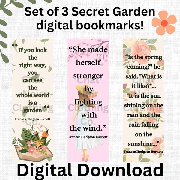 3 Secret Garden Printable Bookmarks, Floral Printable Bookmarks, Spring Digital Bookmarks, Gifts for Her, Unique Bookmarks, Cute Bookmarks