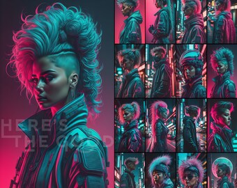 May include: A digital art collage featuring a cyberpunk-style woman with blue and pink hair. The woman is wearing a black leather jacket with a futuristic design. The background is a neon-lit cityscape.