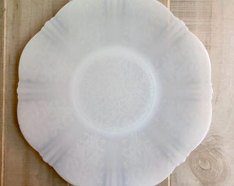 May include: A white milk glass plate with a scalloped edge and a floral design. The plate is on a wooden surface.