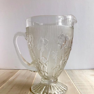 Jeannette Glass Iris and Herringbone Clear Footed Pitcher Depression Glass