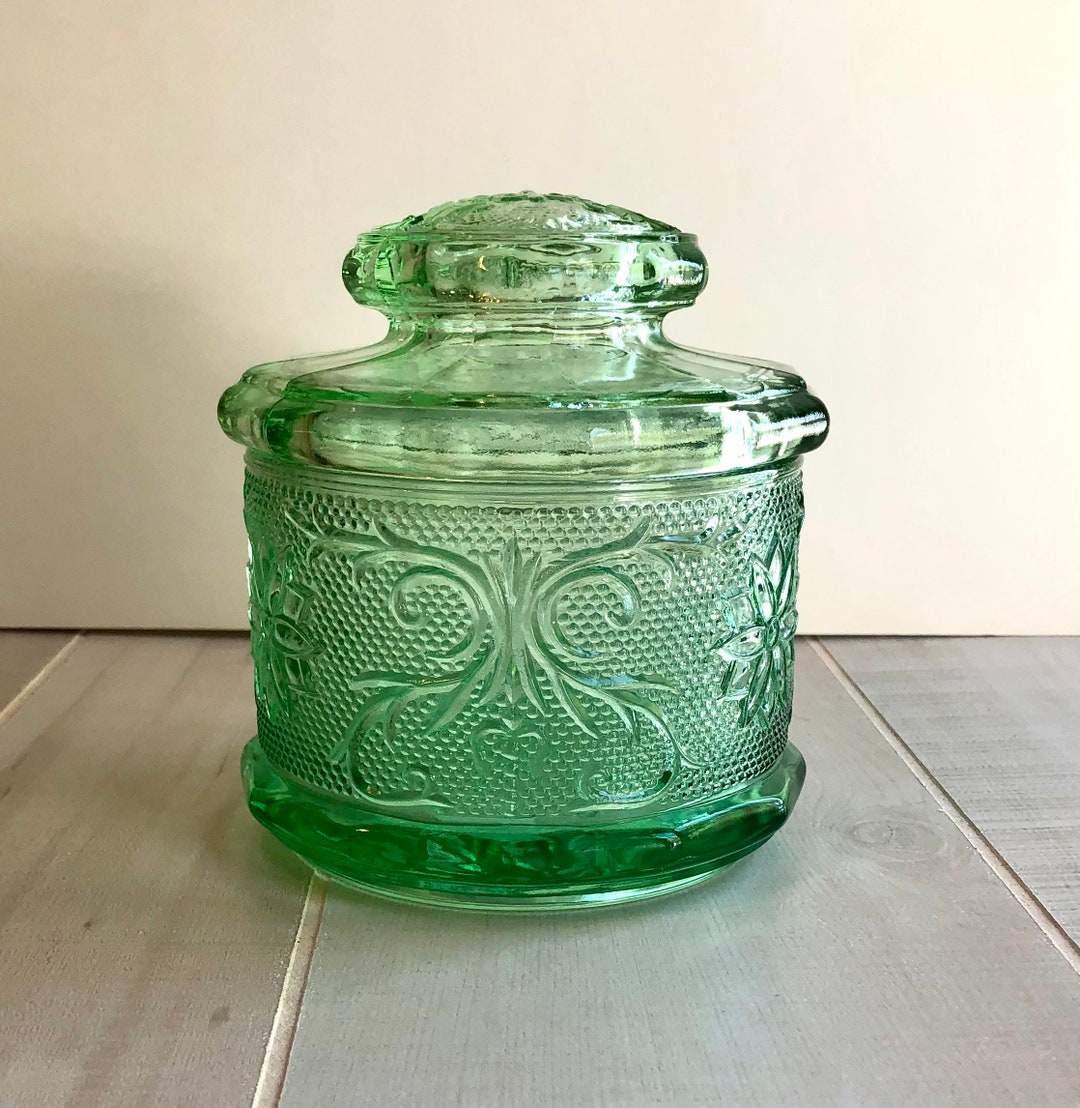 Indiana Glass Tiara Chantilly Green Sandwich Pattern Canister Cookie