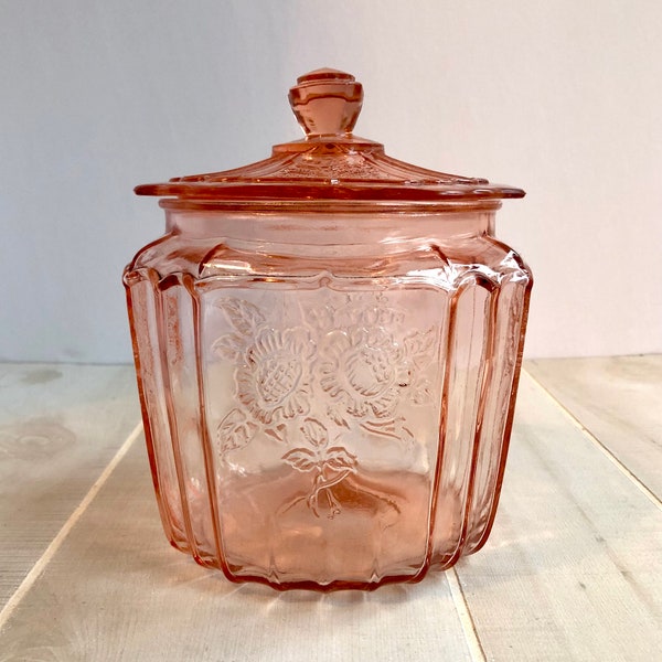 Hocking Glass Mayfair “Open Rose” Pink Depression Glass Cookie Jar with Lid