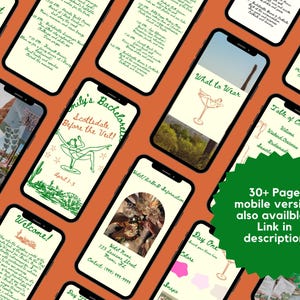 Może przedstawiać: Plan podr&oacute;ży na wiecz&oacute;r panieński w zielono-białej kolorystyce. Plan zawiera stronę powitalną, listę atrakcji, spis treści i sekcję dotyczącą stroju. Plan nosi tytuł "Scottsdale Before the Veil!" i zawiera rysunkową ilustrację kobiety w kieliszku martini. Tekst "Ponad 30 stron wersja mobilna r&oacute;wnież dostępna! Link w opisie" jest wyświetlany na zielonym k&oacute;łku.