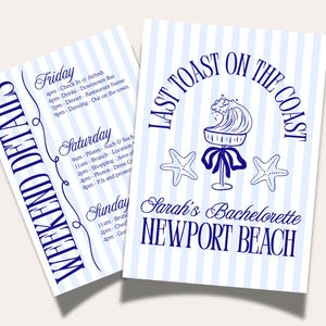 Last Toast on the Coast Bachelorette Itinerary Template Beach Bachelorette Preppy Invitation Digital Printable Canva Weekend Champagne