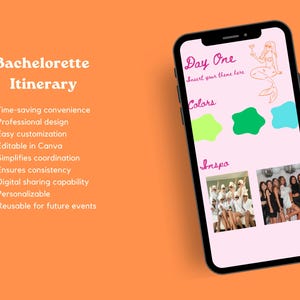 K&ouml;nnte beinhalten: Ein Handy-Bildschirm zeigt eine Vorlage f&uuml;r einen Junggesellinnenabschiedsplan. Die Vorlage enth&auml;lt einen Bereich f&uuml;r Farben und Inspiration, mit einer Meerjungfrauenillustration und einem Foto einer Gruppe von Frauen in Roben. Der Text "Tag Eins" und "F&uuml;ge dein Thema hier ein" ist ebenfalls sichtbar.