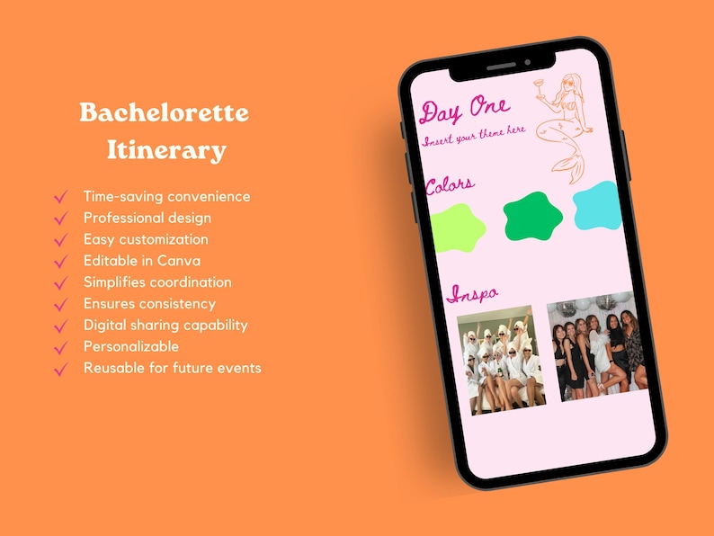 K&ouml;nnte beinhalten: Ein Handy-Bildschirm zeigt eine Vorlage f&uuml;r einen Junggesellinnenabschiedsplan. Die Vorlage enth&auml;lt einen Bereich f&uuml;r Farben und Inspiration, mit einer Meerjungfrauenillustration und einem Foto einer Gruppe von Frauen in Roben. Der Text "Tag Eins" und "F&uuml;ge dein Thema hier ein" ist ebenfalls sichtbar.