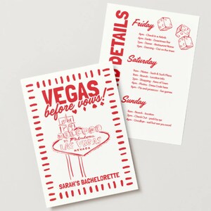 May include: Two white cards with red text. One card reads "VEGAS before vows!" with a Las Vegas sign graphic. The other card lists details for Friday, Saturday, and Sunday, including dice graphics.