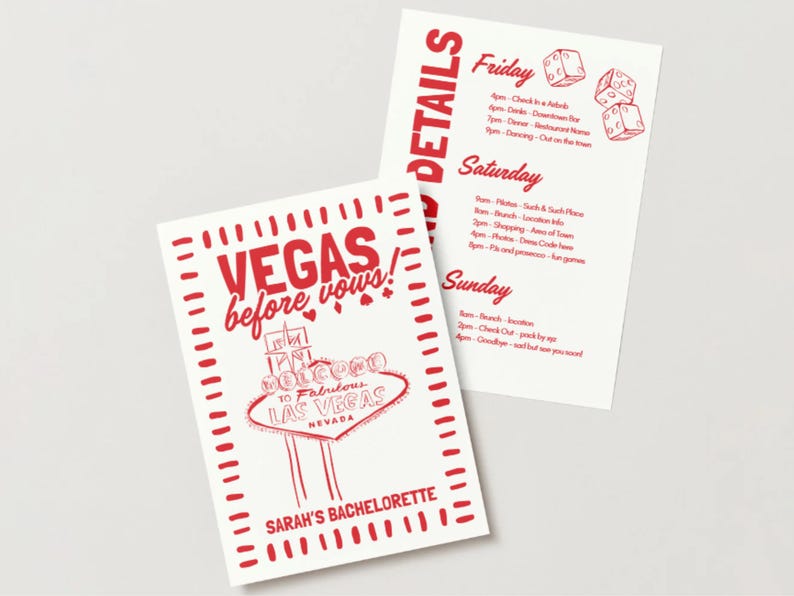 May include: Two white cards with red text. One card reads "VEGAS before vows!" with a Las Vegas sign graphic. The other card lists details for Friday, Saturday, and Sunday, including dice graphics.
